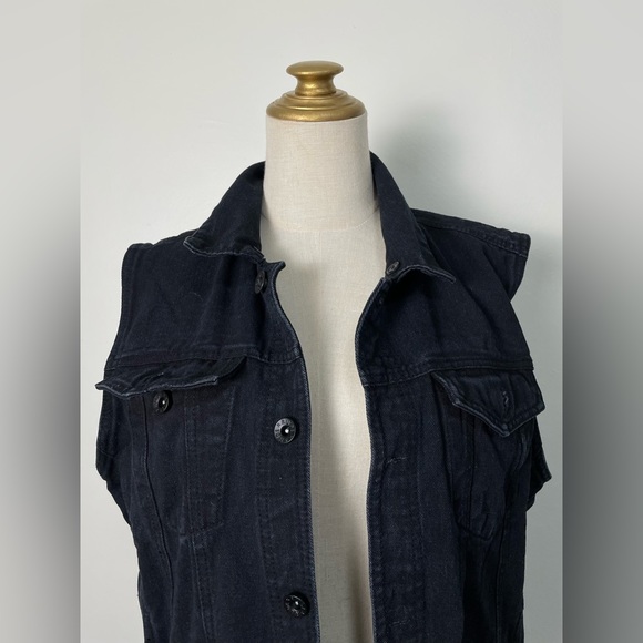 vintage y2k cotton black denim vest jacket pockets mens large metal button rude - Picture 2 of 12